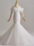 Elegant Off Shoulder Long Sleeve Tulle Pleated Mermaid Wedding Dress HZ0319