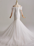 Elegant Off Shoulder Long Sleeve Tulle Pleated Mermaid Wedding Dress HZ0319