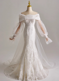 Elegant Off Shoulder Long Sleeve Pleated Tulle Mermaid Wedding Dress HZ0319