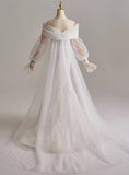 Elegant Off Shoulder Long Sleeve Pleated Tulle Mermaid Wedding Dress HZ0319
