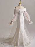 Elegant Off Shoulder Long Sleeve Pleated Tulle Mermaid Wedding Dress HZ0319