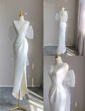 Minimalist Wedding Dress V-neck Pleated Slit Wedding Dress HZ0319