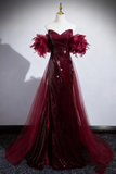 Shiny Prom Dress Wine Red A Line Sweetheart Pleated Mermaid Evening Dress Birthday Party Dress HZ0319