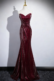 Shiny Prom Dress Wine Red A Line Sweetheart Pleated Mermaid Evening Dress Birthday Party Dress HZ0319