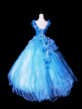 Romantic Prom Dress Crew Neck Tulle Floral Ball Gown Evening Dress Sweet 16 Dress HZ0319