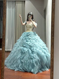 Elegant Prom Dress Off Shoulder Tiered Tulle Ball Gown Birthday Party Dress Princess Dress HZ0319