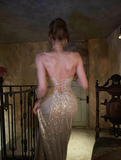 Shiny Prom Dress Spaghetti Straps Slit Long Evening Gown Cocktail Dress HZ0319