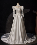 Retro Wedding Dress A Line High Collar Pleated Wedding Dress HZ0319