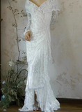 Retro Wedding Dress V-neck Pleated Lace Wedding Dress HZ0319