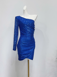 Shiny Homecoming Dress Blue Asymmetrical Neck Pleated Short Prom Dress Cocktail Dress HZ0319