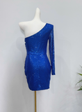 Shiny Homecoming Dress Blue Asymmetrical Neck Pleated Short Prom Dress Cocktail Dress HZ0319