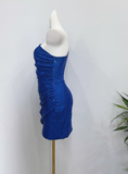 Shiny Homecoming Dress Blue Asymmetrical Neck Pleated Short Prom Dress Cocktail Dress HZ0319