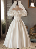 Retro Wedding Dress Off Shoulder Pleated BowKnot Wedding Dress HZ0319