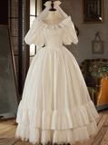 Retro Wedding Dress Crew Neck Pleated Lace Wedding Dress HZ0319
