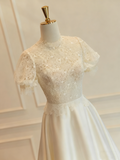 Vintage Wedding Dress Short Sleeves Backless Pleated Wedding Dress HZ0319