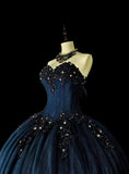 Charming Prom Dress Dark Blue Sweetheart Pleated Ball Gown Evening Dress Sweet 16 Outfits HZ0319