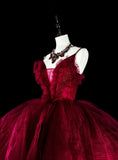 Charming Prom Dress Wine Red Spaghetti Straps Pleated Tulle Ball Gown Evening Dress Birthday Dress HZ0319