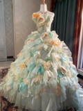 Popular Prom Dress Strapless Pleated Tiered Flower Ball Gown Evening Dress Quinceanera Dress HZ0319