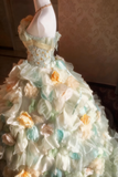 Popular Prom Dress Strapless Pleated Tiered Flower Ball Gown Evening Dress Quinceanera Dress HZ0319