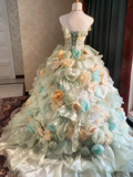 Popular Prom Dress Strapless Pleated Tiered Flower Ball Gown Evening Dress Quinceanera Dress HZ0319