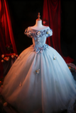 Newest Prom Dress Off Shoulder Pleated Tulle Flower Ball Gown Evening Dress Quinceanera Dress HZ0319