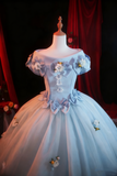 Newest Prom Dress Off Shoulder Pleated Tulle Flower Ball Gown Evening Dress Quinceanera Dress HZ0319