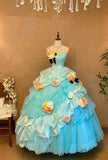 Pretty Prom Dress Strapless Tiered Tulle Flower Ball Gown Evening Dress Sweet 16 Dress Princess Dress HZ0319