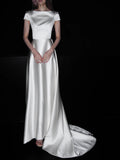 Minimalist Wedding Dress A Line Boat Neck Wedding Dress HZ0319