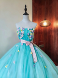 Beauty Prom Dress Strapless Flower Pleated Tulle Ball Gown Birthday Party Outfits Evening Dress Sweet 16 Dress HZ0319