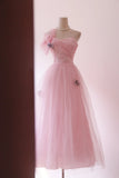 Hot Sale Prom Dress Light Pink Asymmetrical Neck Tulle Evening Dress Gala Dress Party Dress HZ0319