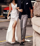 Minimalist Wedding Dress V-neck Slit Wedding Dress HZ0319