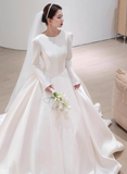 Minimalist Wedding Dress Satin Crew Neck Long Sleeves Wedding Dresses HZ0319