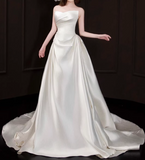 Elegant Wedding Dress Satin Asymmetrical Neck Pleated Wedding Dresses with Trian HZ0319