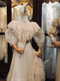 Retro Wedding Dress A Line High Collar Pleated Tulle Wedding Dress HZ0319