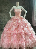 Sweet Prom Dress Strapless Pleated Tulle Evening Dress Quinceanera Dress Ball Gown HZ0319