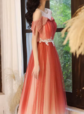 Ombre Prom Dress Crew Neck Pleated Tulle Gala Dress Evening Dress Formal Dress HZ0319