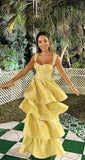 Pastel Yellow Ruffle Tiered A-Line Long Party Prom Dress HZ0319