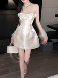 Retro Beige Sequin 3D Floral Strapless Design A-line Party Dress Homecoming Dress HZ0319