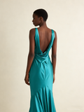 Turquoise V Neck Backless Mermaid Satin Long Formal Party Dress, HZ0319