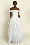 White Off Shoulder A-Line Lace Long Party Dress Vintage Wedding Dress HZ0319