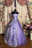 Lilac Strapless A-Line Beading Chiffon Long Prom Dresses Vintage Ball Gowns, HZ0319