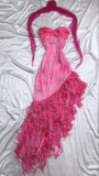 Hot Pink Spaghetti Straps A-Line Ruffles Beaded Vintage Long Party Dresses, HZ0319