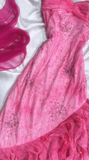 Hot Pink Spaghetti Straps A-Line Ruffles Beaded Vintage Long Party Dresses, HZ0319