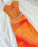 Orange Ombre Straps Two Pieces Sheath Chiffon Long Party Dresses, HZ0319