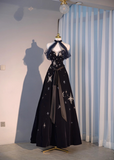 Black Halter Off Shoulder A-Line Long Prom Dresses Evening Gowns, HZ0319
