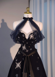 Black Halter Off Shoulder A-Line Long Prom Dresses Evening Gowns, HZ0319