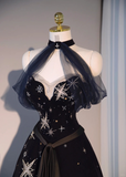 Black Halter Off Shoulder A-Line Long Prom Dresses Evening Gowns, HZ0319