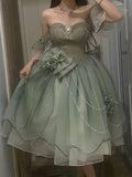 Green Off Shoulder A-Line Floral Short Party Dress Cute Mini Birthday Dress, HZ0319