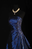 A-Line Navy Blue Strapless Satin Beading Vintage Long Party Dress Evening Dress, HZ0319