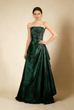 A-Line Navy Blue Strapless Satin Beading Vintage Long Party Dress Evening Dress, HZ0319